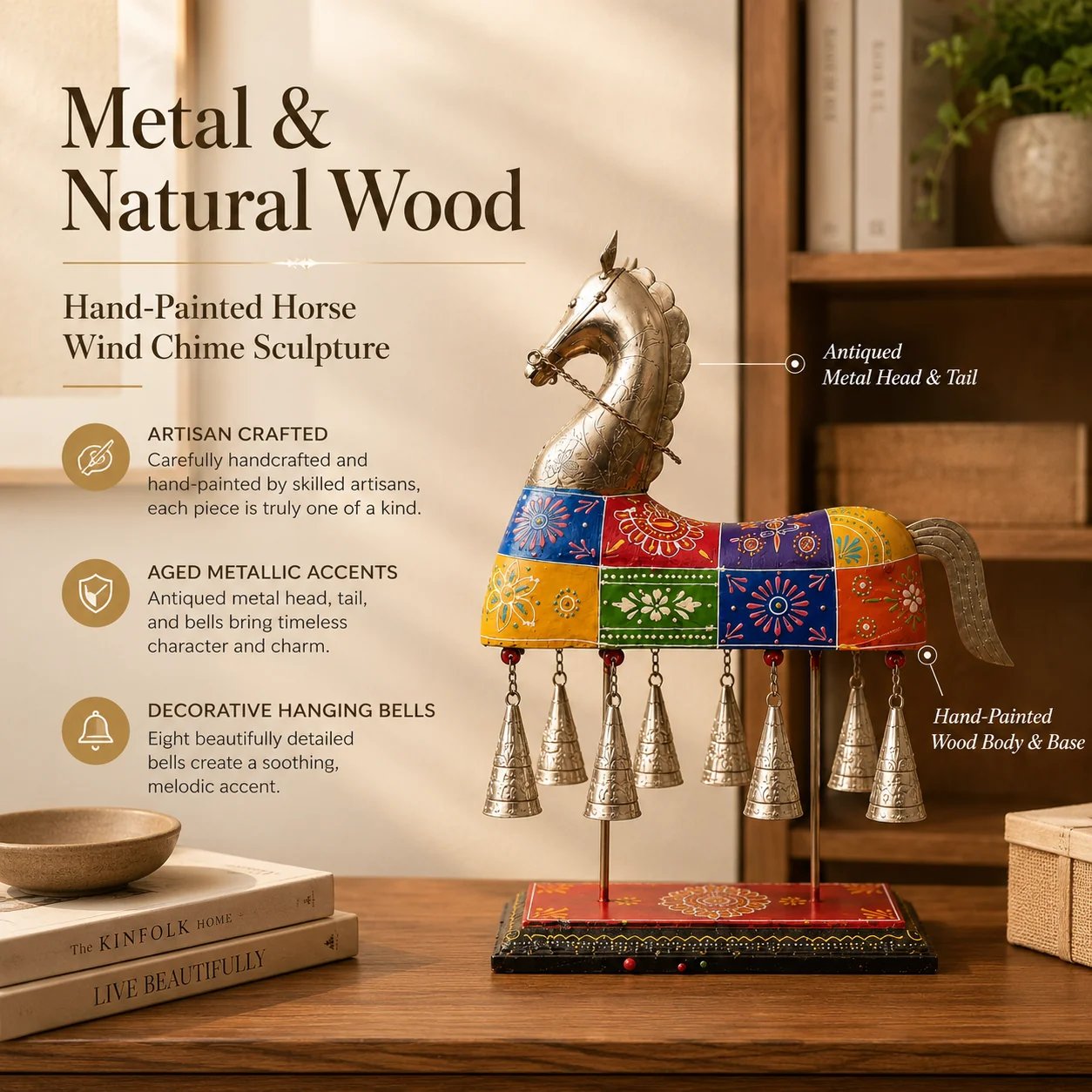 ✨ Hand‑Painted Horse Wind Chime Sculpture 🐎 Folk‑Art Tabletop Statement Decor