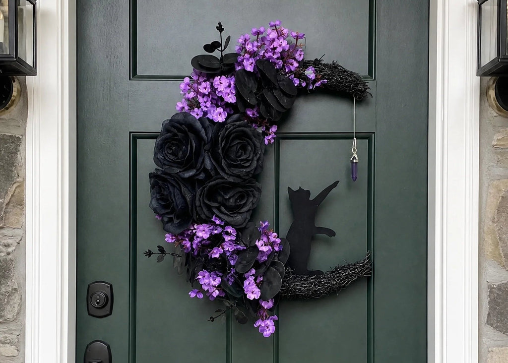 🌙🐈 Handmade Elegant Collectible Black Cat Halloween Wreath, Gothic Spooky Holiday Front Door Decor Gift