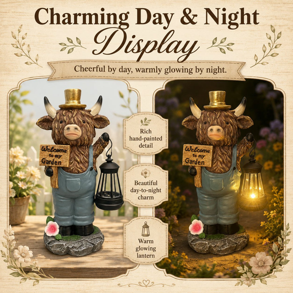 🐄 Highland Cow Solar Garden Statue ✨ Warm‑Glow Farmhouse Lantern Decor