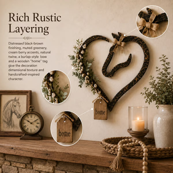 🤎 Western Farmhouse Heart‑Frame Horse‑Head Wall Hanging | Equestrian Porch & Entryway Statement Decor
