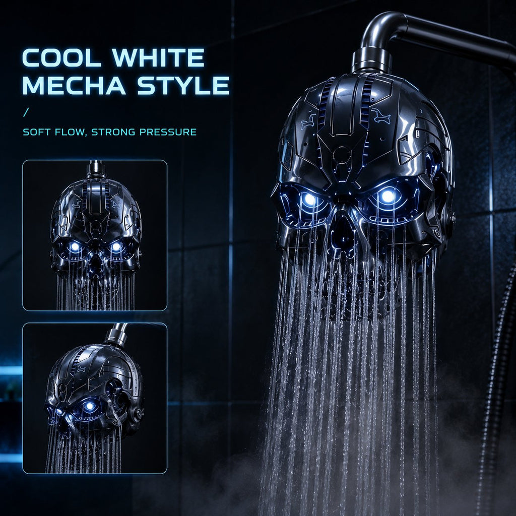 💀Cyber Mecha Skull Color Changing LED Pressure Boost Shower Head