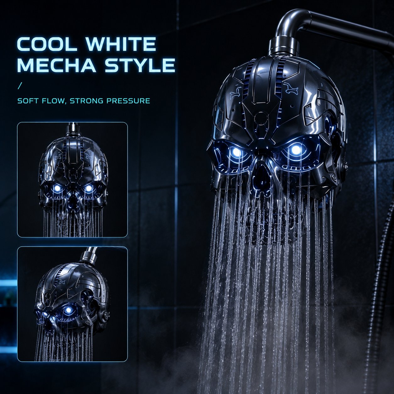 💀Cyber Mecha Skull Color Changing LED Pressure Boost Shower Head