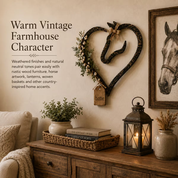 🤎 Western Farmhouse Heart‑Frame Horse‑Head Wall Hanging | Equestrian Porch & Entryway Statement Decor