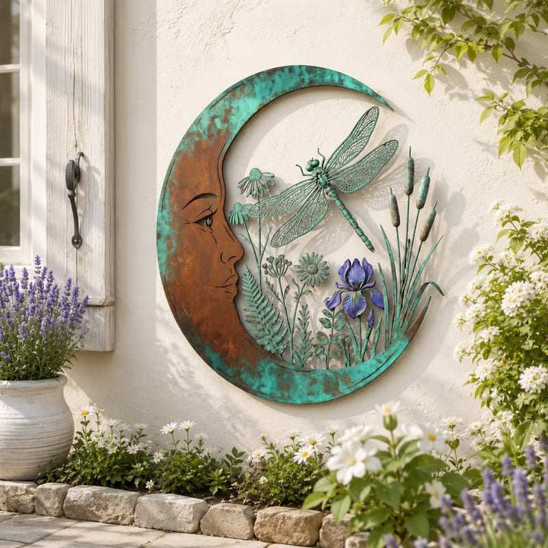 🌙 Vintage Crescent Moon Metal Wall Art, Bee Floral Garden Hanging‑Deco