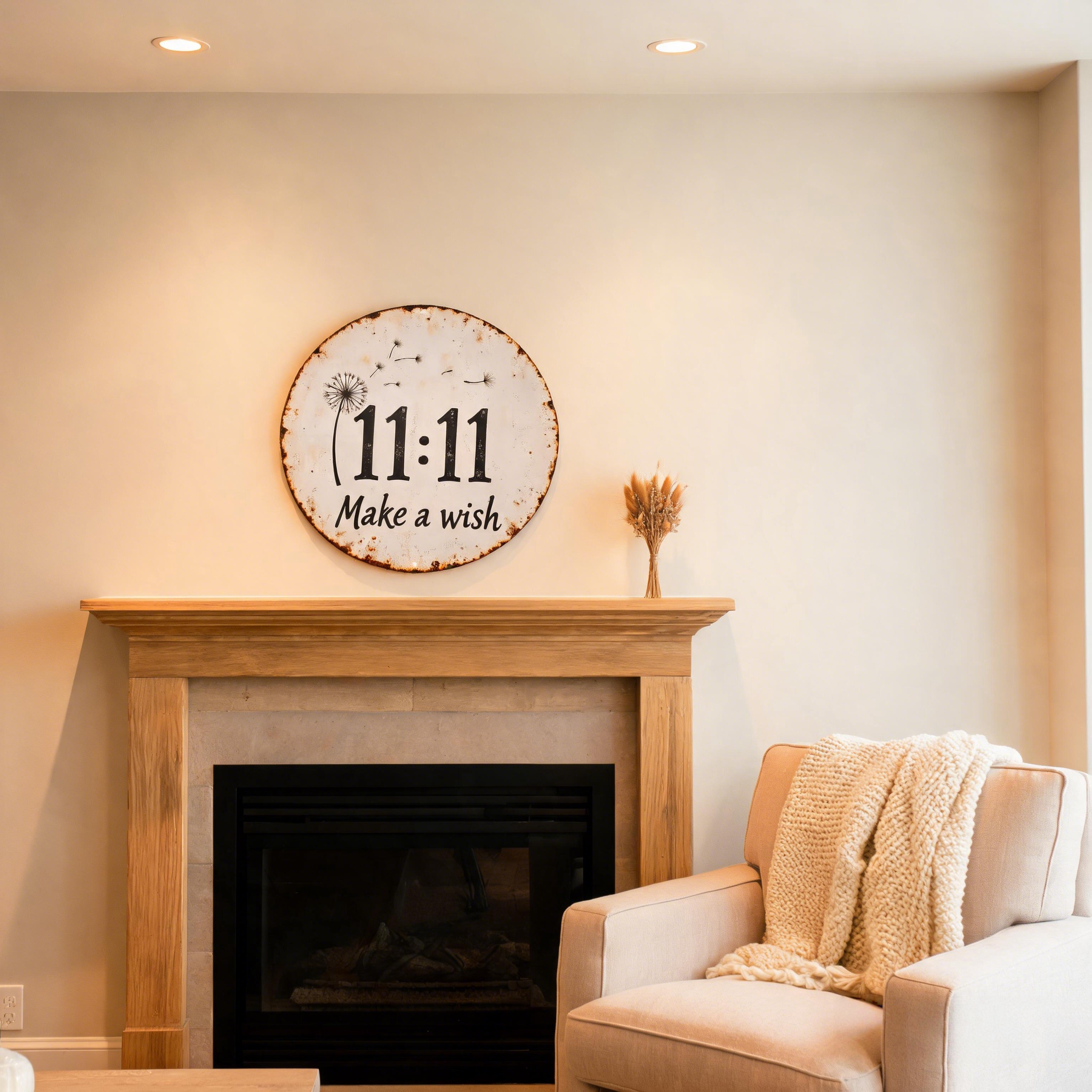 🌼✨Circular Rustic Metal Sign with Dandelion 11:11 Make a Wish Design