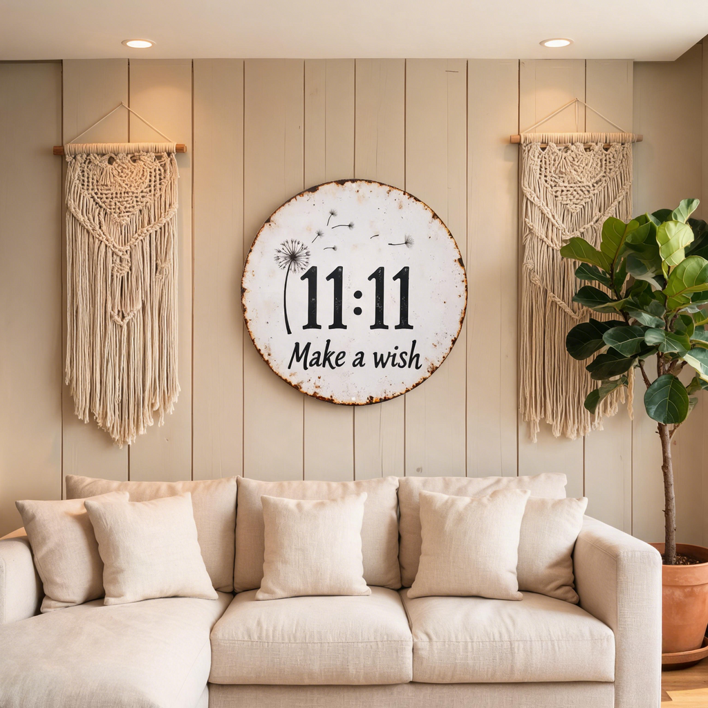 🌼✨Circular Rustic Metal Sign with Dandelion 11:11 Make a Wish Design