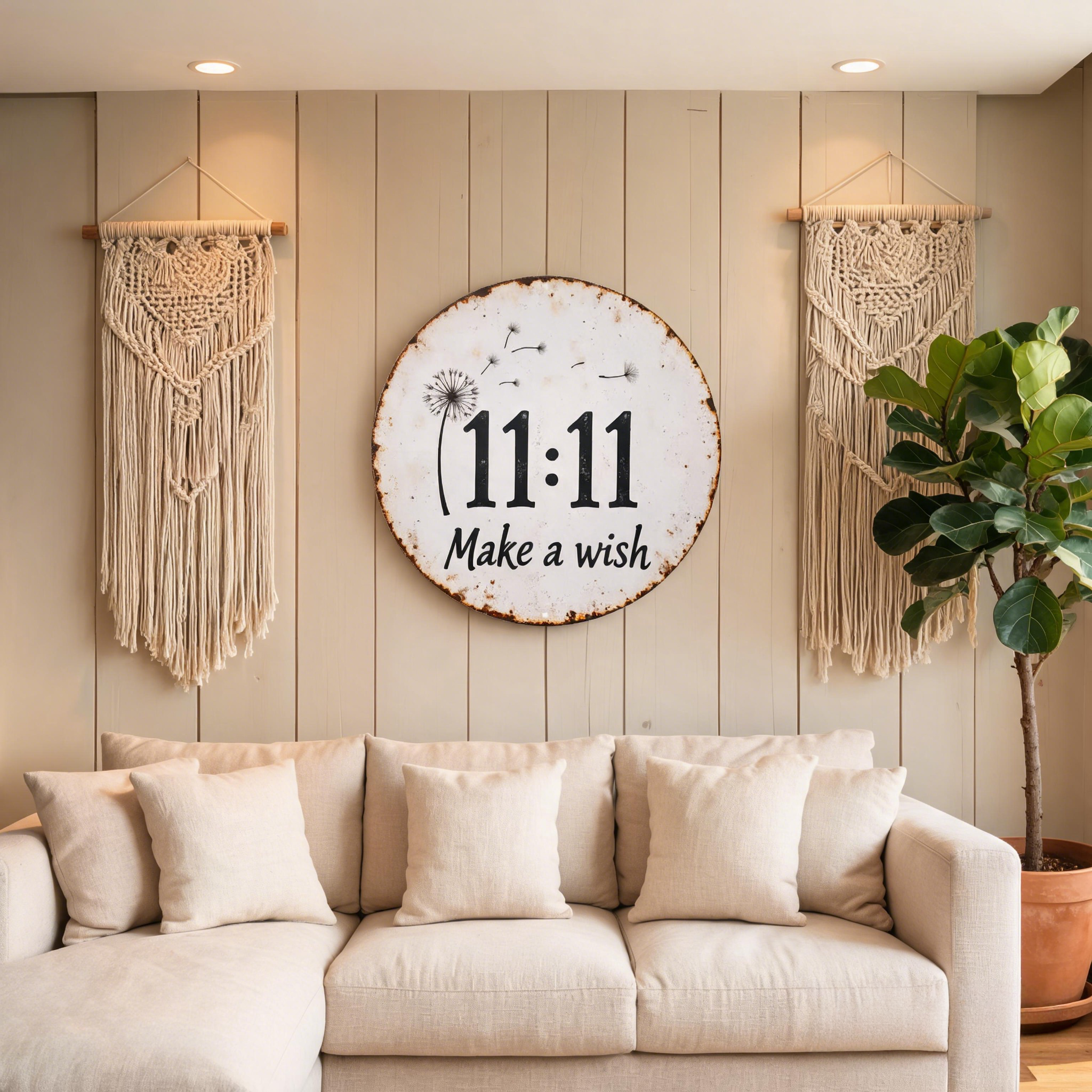 🌼✨Circular Rustic Metal Sign with Dandelion 11:11 Make a Wish Design