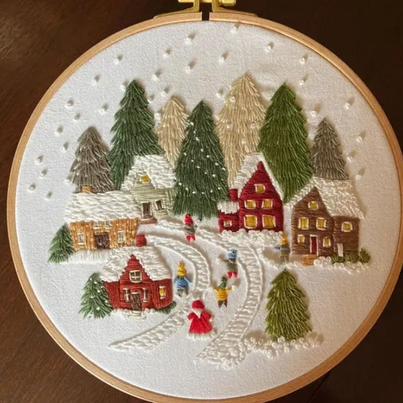 ❄️ Winter Snowy Village Embroidery Kit – Beginner Christmas Craft With Embroidery Hoop