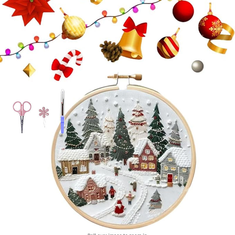 ❄️ Winter Snowy Village Embroidery Kit – Beginner Christmas Craft With Embroidery Hoop